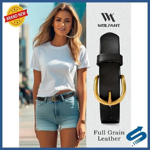 Women's 1.1 Italian Full Grain Leather Belt Gold Buckle Casual Dress